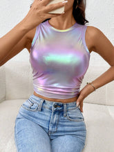 Round Neck Shiny Pleated Casual Tank Top
